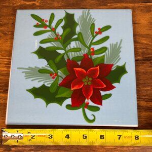 2012 8x8 Christmas Tile Trivets-Blue with Red Poinsettias & Greenery